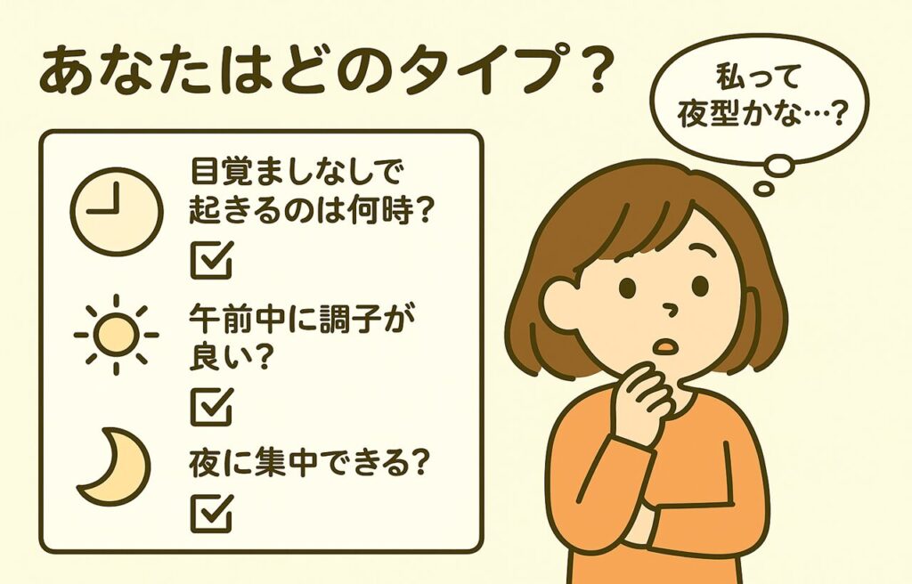 「あなたはどのタイプ？」というタイトルの下、すずちゃんが「私って夜型かな…？」と悩んでいるイラスト。左側には、クロノタイプの自己チェック項目がイラスト付きで3つ表示されている：①目覚ましなしで起きる時刻、②午前中の調子、③夜の集中力。それぞれに時計・太陽・月のアイコンが添えられている。